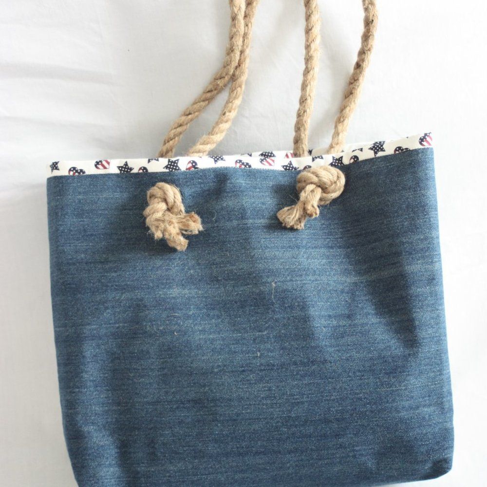 Stars Denim Open Top Tote with Rope Handles Hand Crafted NEW - Picture 3 of 6